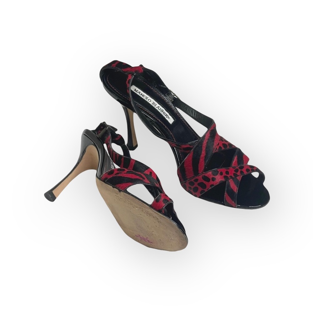 Manolo Blahnik โ Animal Printed Calf Hair Slingback Stiletto Sandals โ Black Red - Picture 13 of 17